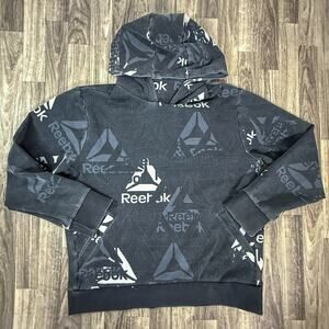 Reebok All-Over Print Logo Hoodie Pullover Black Gray Graphic Reebok AOP